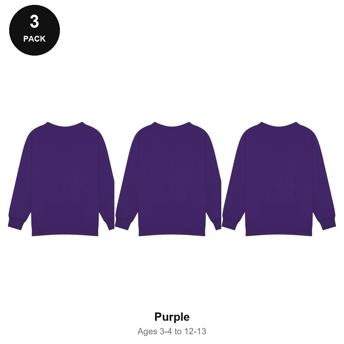 Kids School Sweatshirts 3 Pack - 80% cotton / 20% polyester brushed-back fleece 280gsm, Ages 3-13, School & PE - Purple