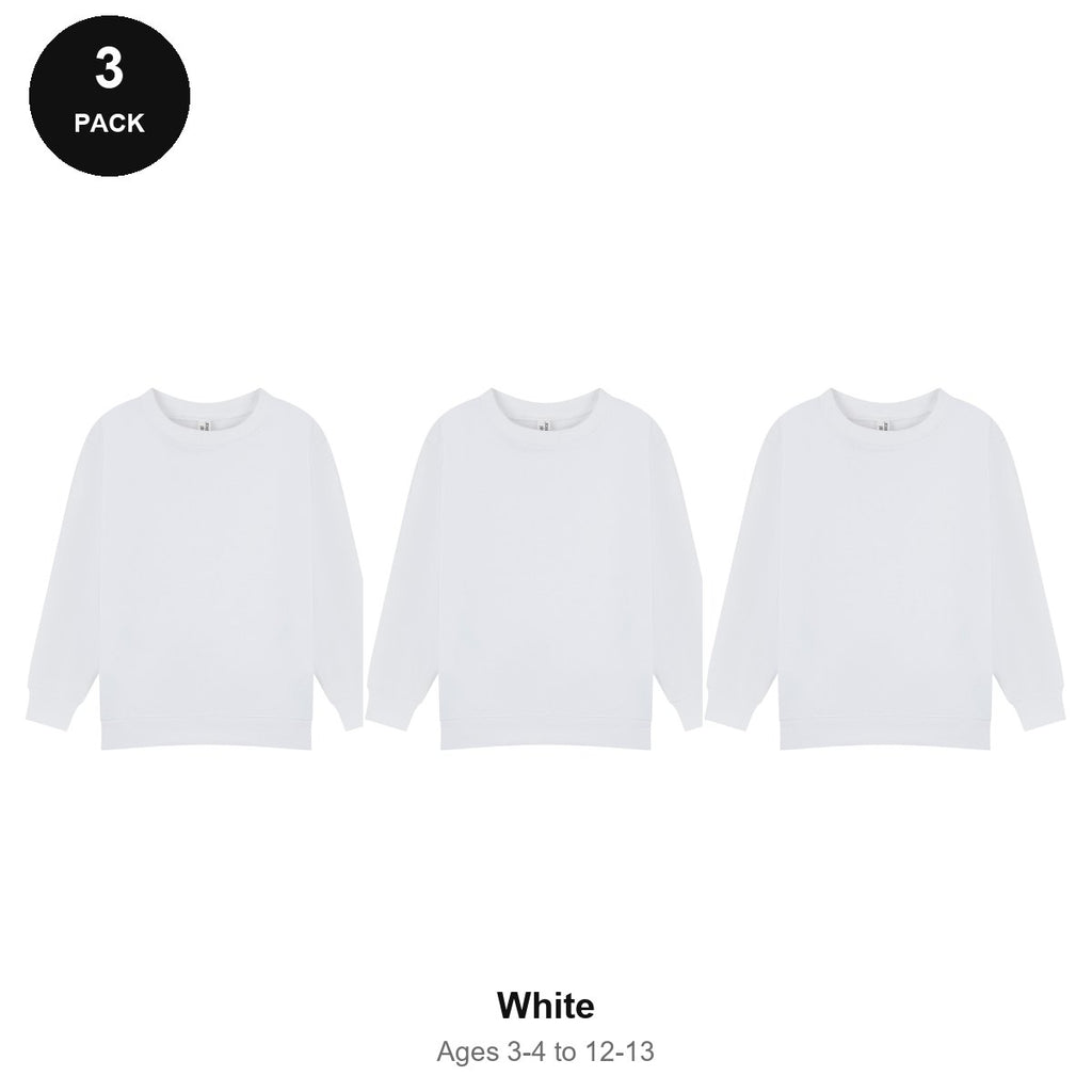 Kids School Sweatshirts 3 Pack - 80% cotton / 20% polyester brushed-back fleece 280gsm, Ages 3-13, School & PE - White