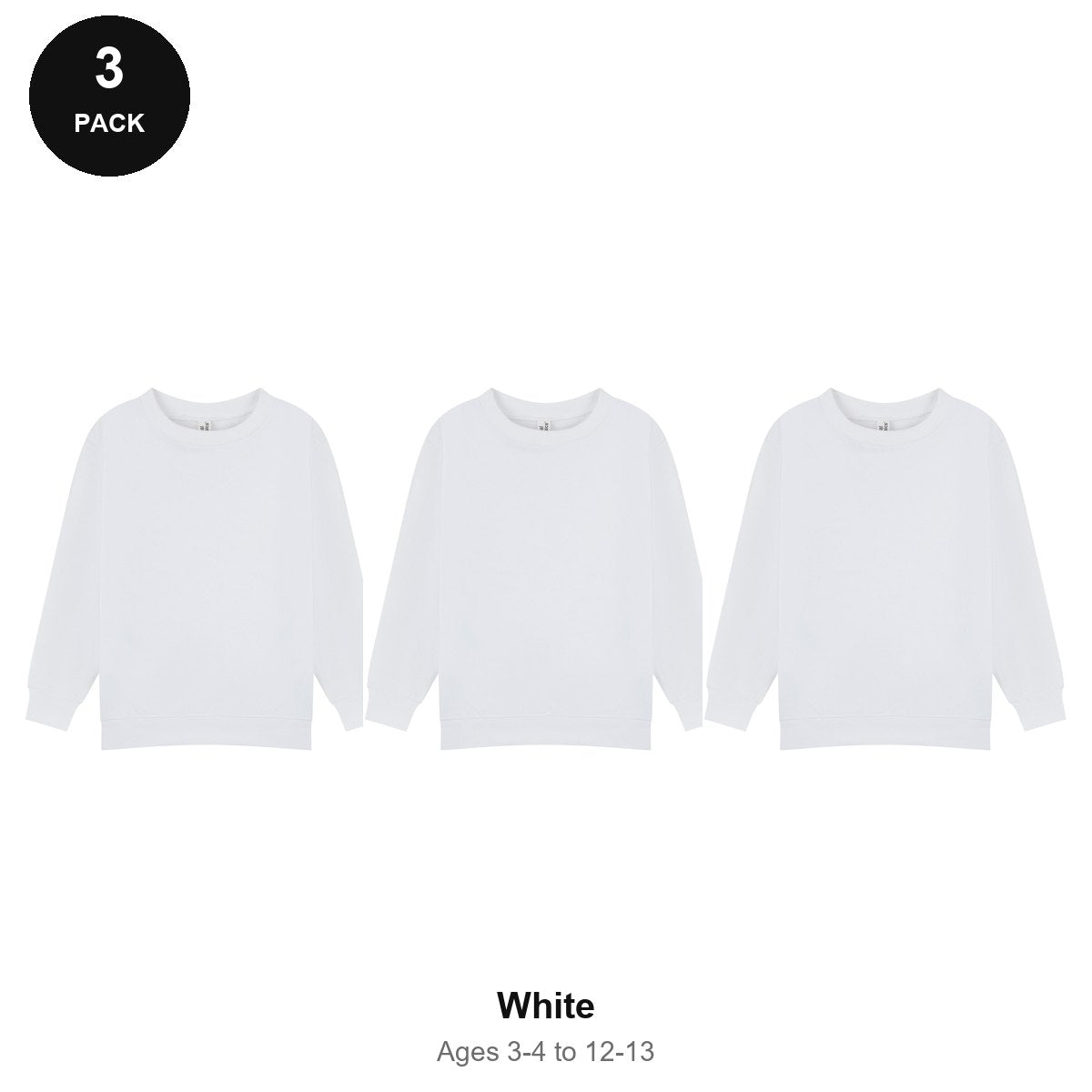 Kids School Sweatshirts 3 Pack - 80% cotton / 20% polyester brushed-back fleece 280gsm, Ages 3-13, School & PE - White