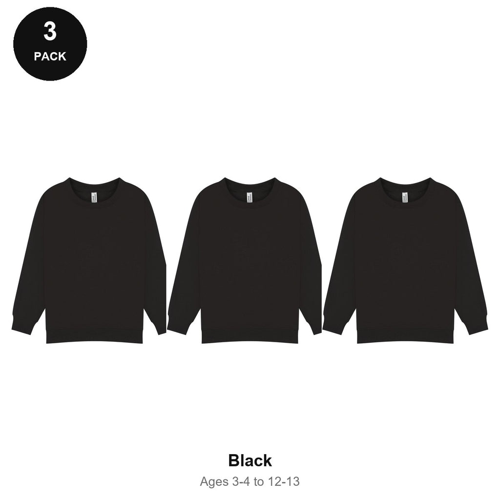 Kids School Sweatshirts 3 Pack - 80% cotton / 20% polyester brushed-back fleece 280gsm, Ages 3-13, School & PE - Black