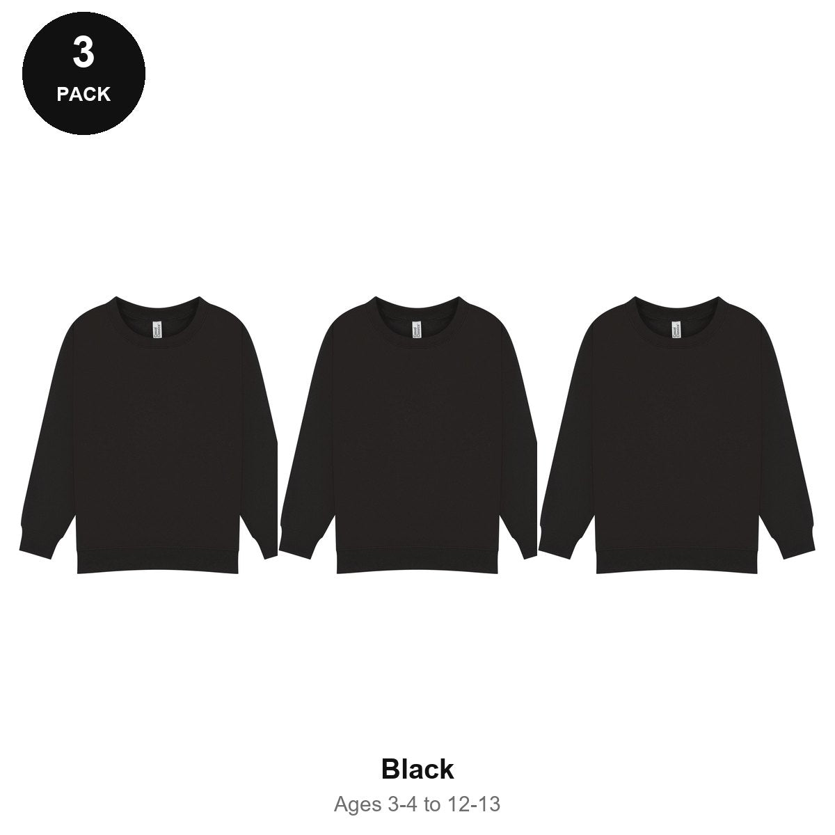 Kids School Sweatshirts 3 Pack - 80% cotton / 20% polyester brushed-back fleece 280gsm, Ages 3-13, School & PE - Black