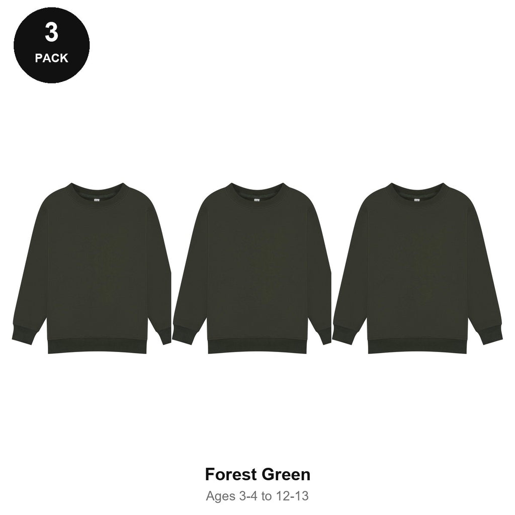 Kids School Sweatshirts 3 Pack - 80% cotton / 20% polyester brushed-back fleece 280gsm, Ages 3-13, School & PE - Forest Green