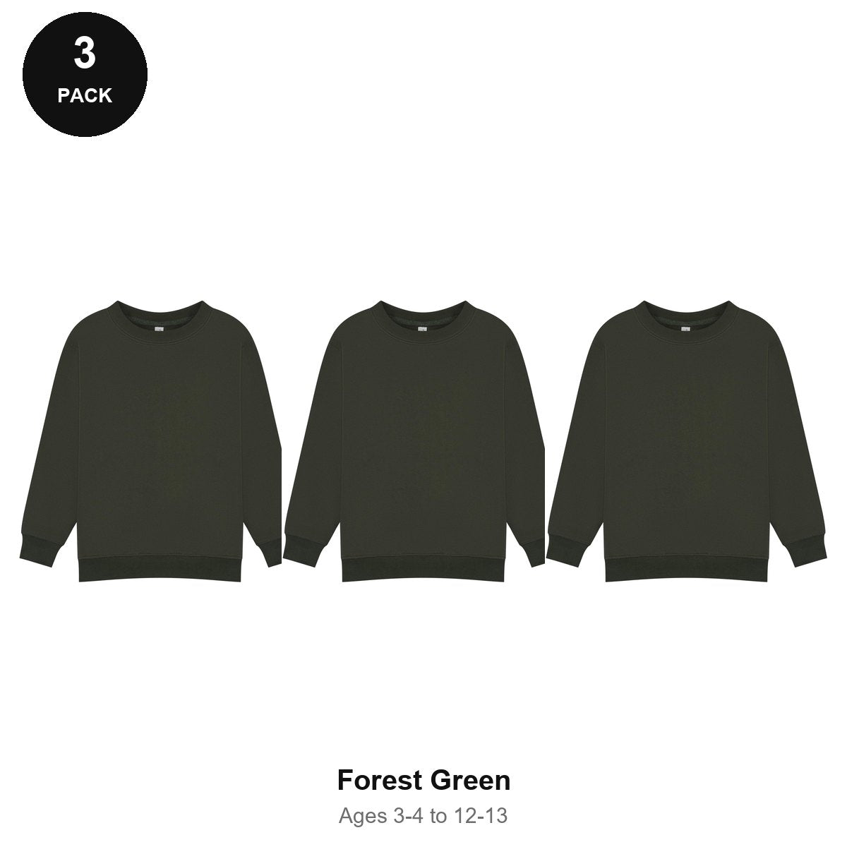 Kids School Sweatshirts 3 Pack - 80% cotton / 20% polyester brushed-back fleece 280gsm, Ages 3-13, School & PE - Forest Green