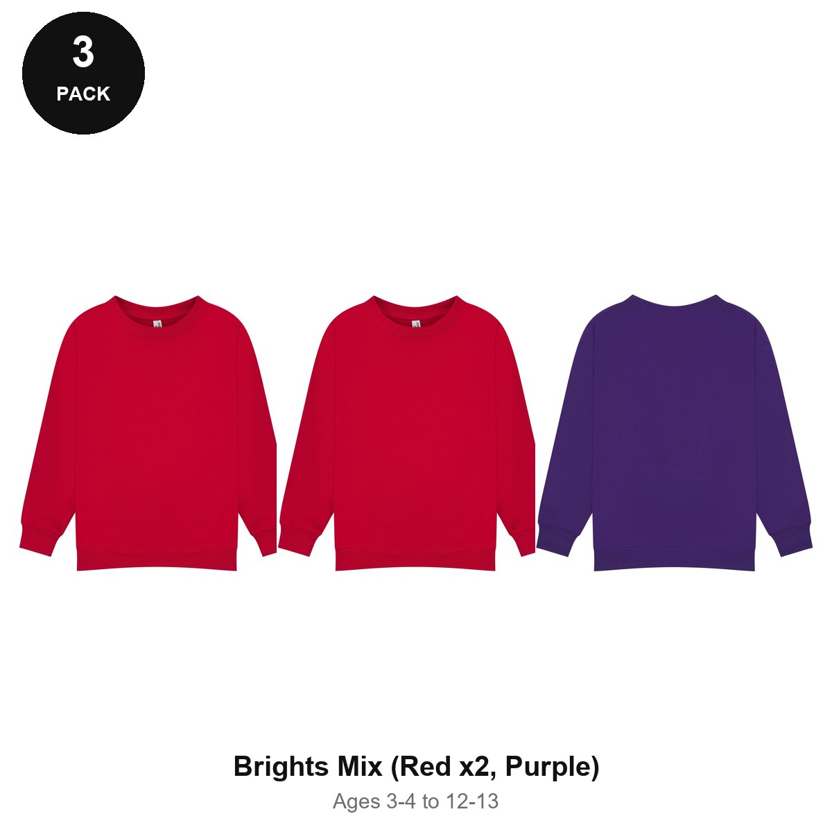 Kids School Sweatshirts 3 Pack - 80% cotton / 20% polyester brushed-back fleece 280gsm, Ages 3-13, School & PE - Brights Mix (Red x2, Purple)