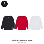 Kids School Sweatshirts 3 Pack - 80% cotton / 20% polyester brushed-back fleece 280gsm, Ages 3-13, School & PE - School Mix (Navy, Red, White)