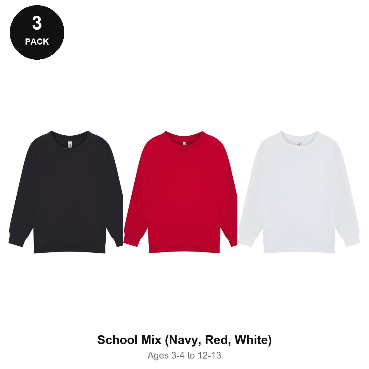 Kids School Sweatshirts 3 Pack - 80% cotton / 20% polyester brushed-back fleece 280gsm, Ages 3-13, School & PE - School Mix (Navy, Red, White)