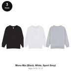 Kids School Sweatshirts 3 Pack - 80% cotton / 20% polyester brushed-back fleece 280gsm, Ages 3-13, School & PE - Mono Mix (Black, White, Sport Grey)