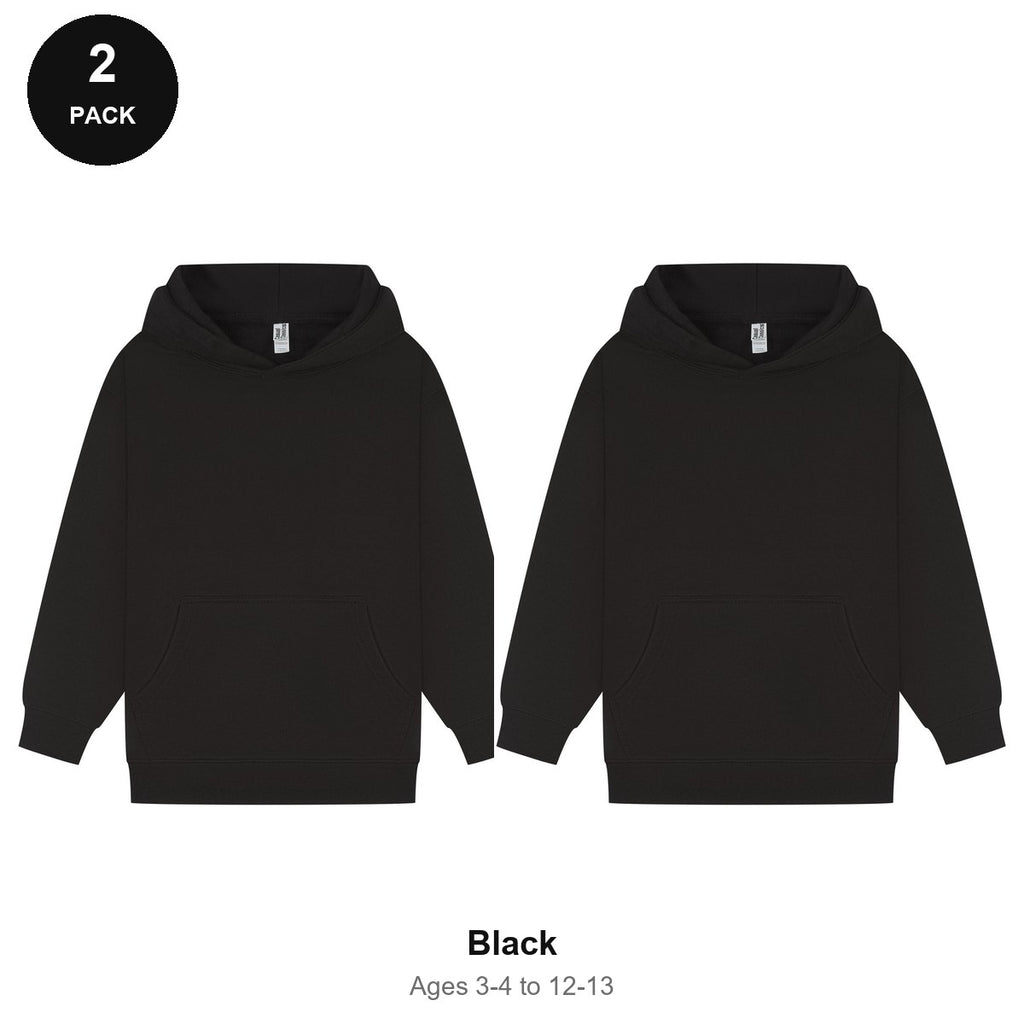 Kids Hoodies 2 Pack - 80% cotton / 20% polyester brushed-back fleece 280gsm, Ages 3-13 - Black