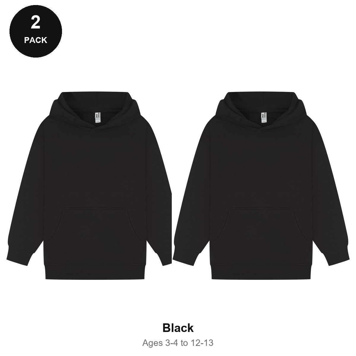 Kids Hoodies 2 Pack - 80% cotton / 20% polyester brushed-back fleece 280gsm, Ages 3-13 - Black