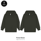 Kids Hoodies 2 Pack - 80% cotton / 20% polyester brushed-back fleece 280gsm, Ages 3-13 - Forest Green