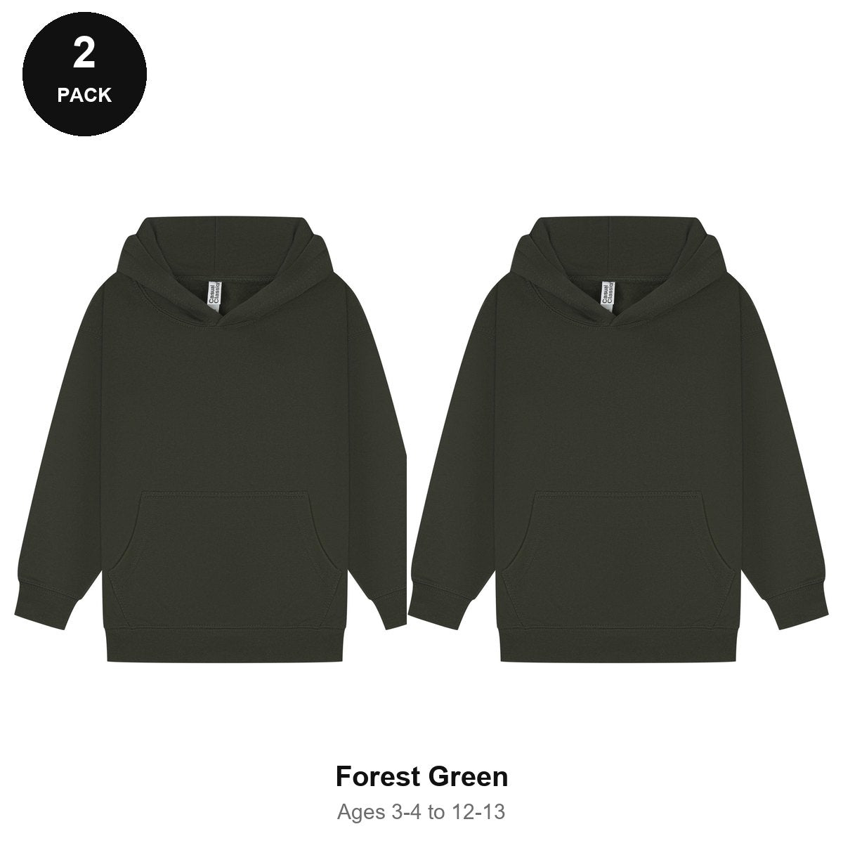 Kids Hoodies 2 Pack - 80% cotton / 20% polyester brushed-back fleece 280gsm, Ages 3-13 - Forest Green