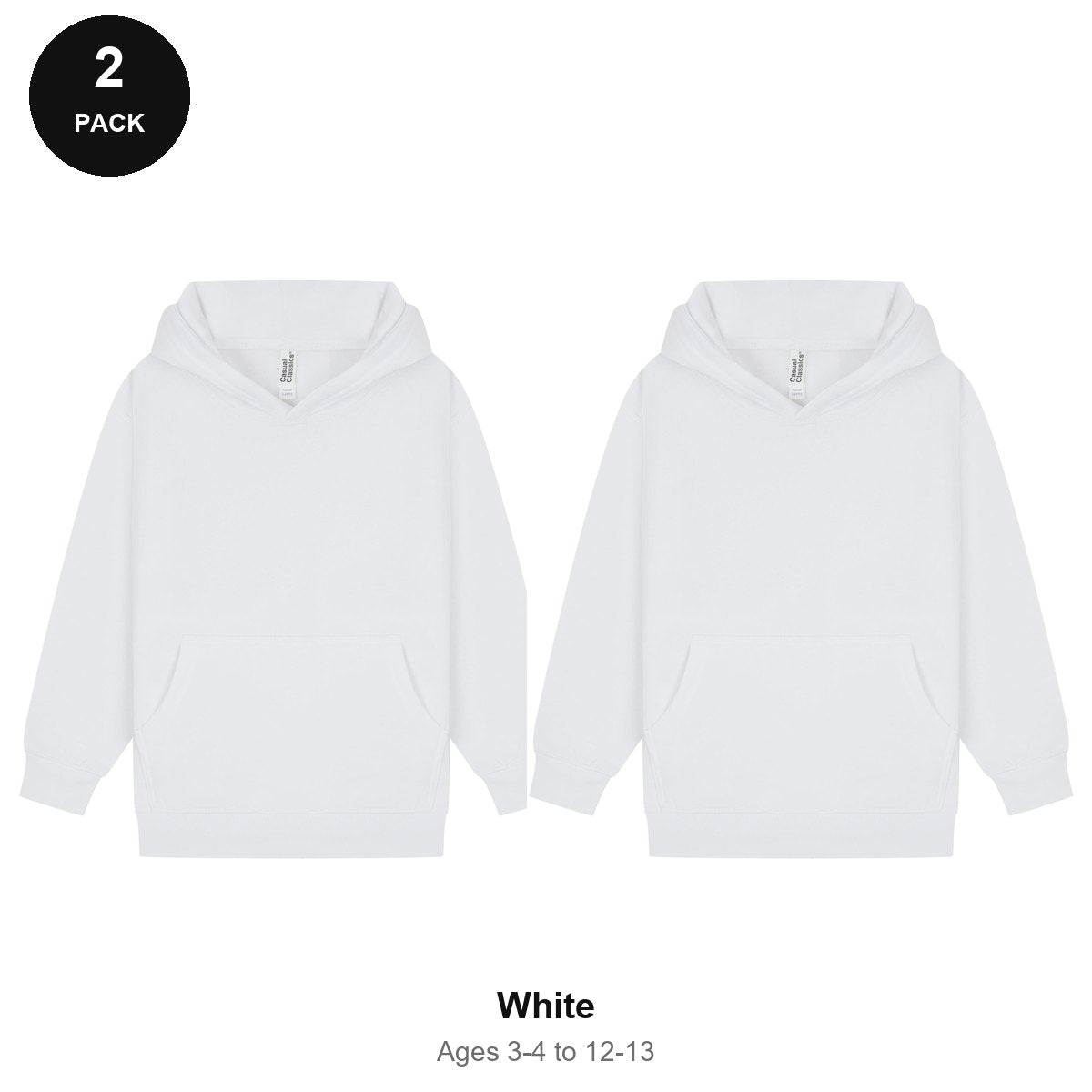 Kids Hoodies 2 Pack - 80% cotton / 20% polyester brushed-back fleece 280gsm, Ages 3-13 - White