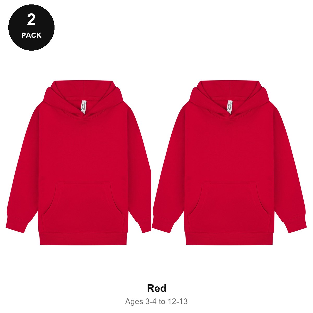 Kids Hoodies 2 Pack - 80% cotton / 20% polyester brushed-back fleece 280gsm, Ages 3-13 - Red