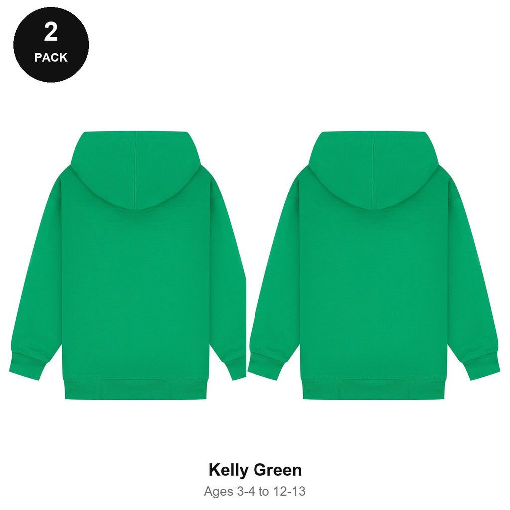 Kids Hoodies 2 Pack - 80% cotton / 20% polyester brushed-back fleece 280gsm, Ages 3-13 - Kelly Green