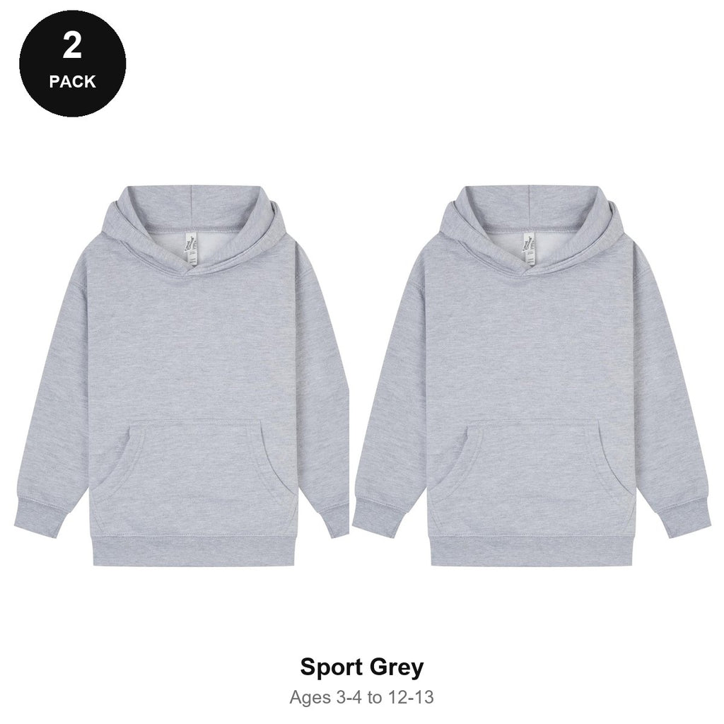 Kids Hoodies 2 Pack - 80% cotton / 20% polyester brushed-back fleece 280gsm, Ages 3-13 - Sport Grey