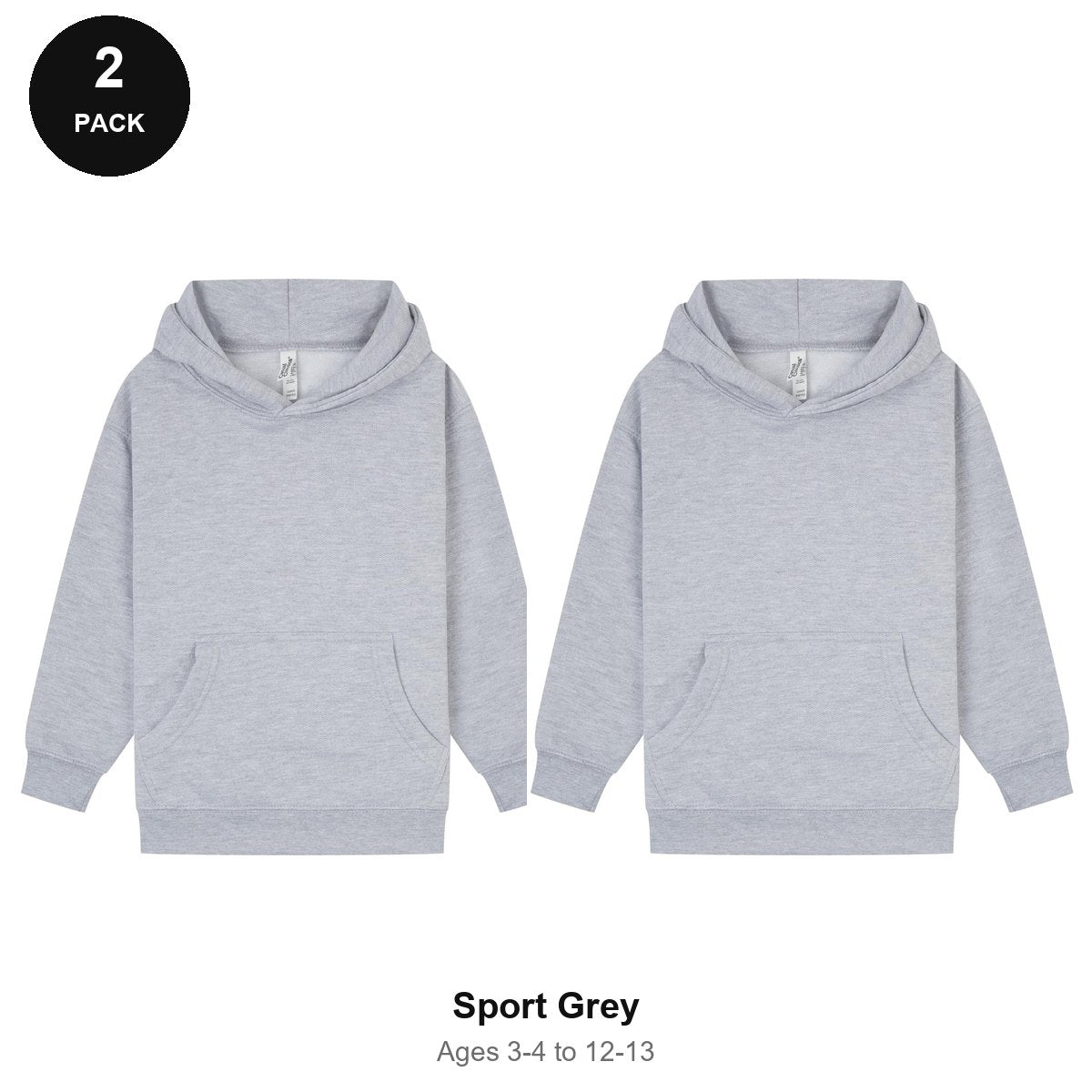 Kids Hoodies 2 Pack - 80% cotton / 20% polyester brushed-back fleece 280gsm, Ages 3-13 - Sport Grey