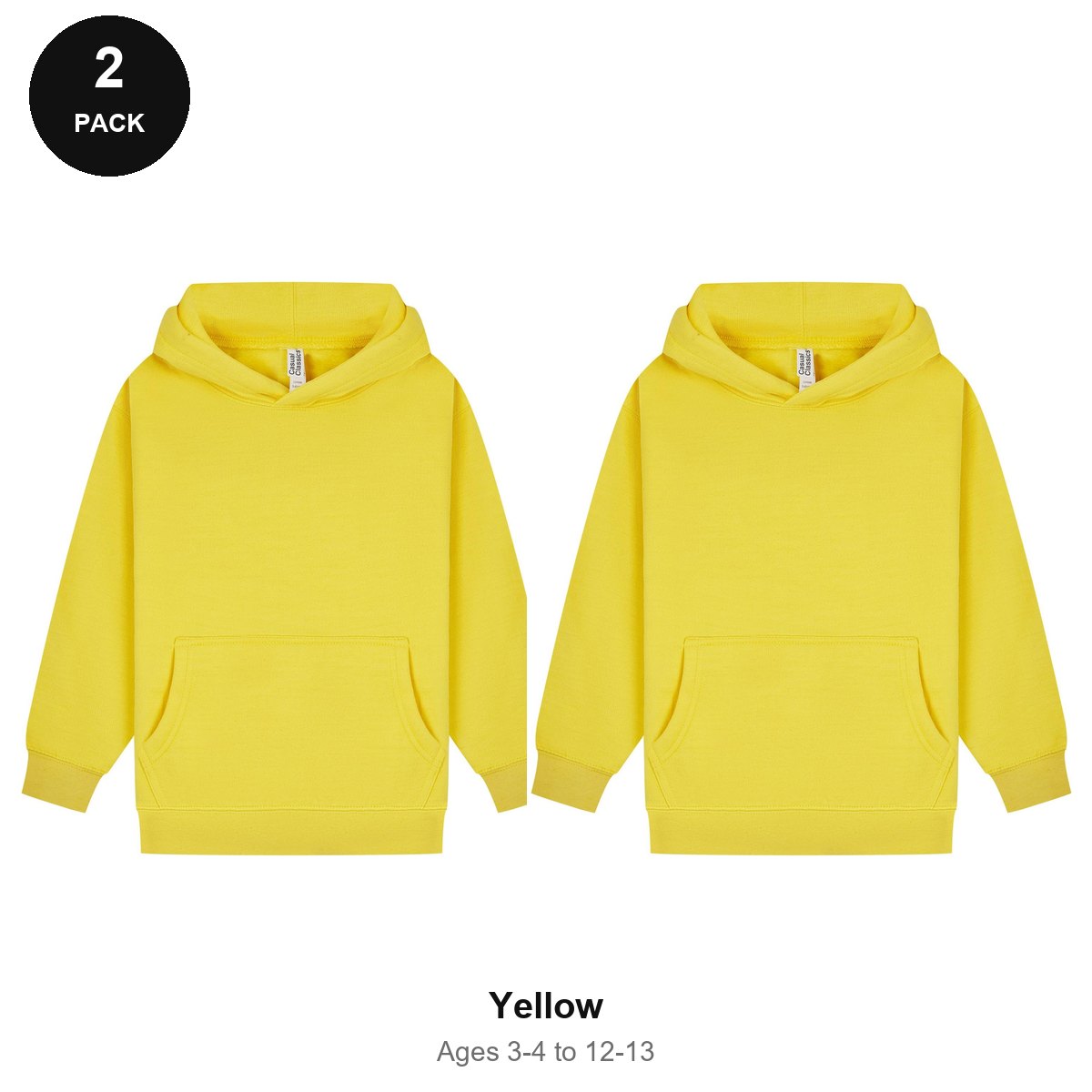Kids Hoodies 2 Pack - 80% cotton / 20% polyester brushed-back fleece 280gsm, Ages 3-13 - Yellow