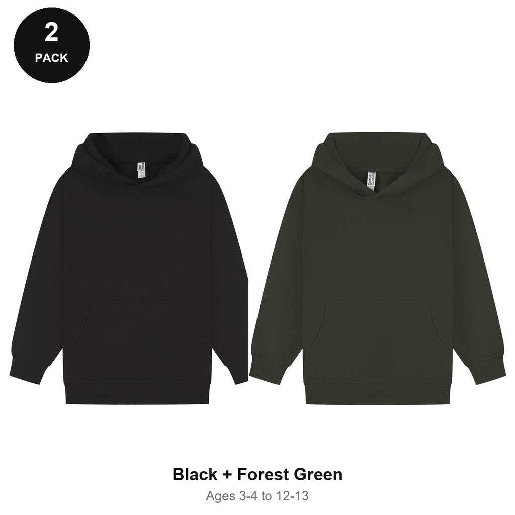 Kids Hoodies 2 Pack - 80% cotton / 20% polyester brushed-back fleece 280gsm, Ages 3-13 - Black + Forest Green