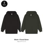 Kids Hoodies 2 Pack - 80% cotton / 20% polyester brushed-back fleece 280gsm, Ages 3-13 - Black + Forest Green