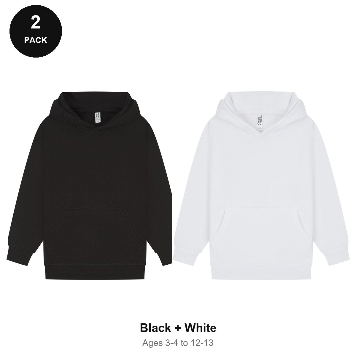 Kids Hoodies 2 Pack - 80% cotton / 20% polyester brushed-back fleece 280gsm, Ages 3-13 - Black + White