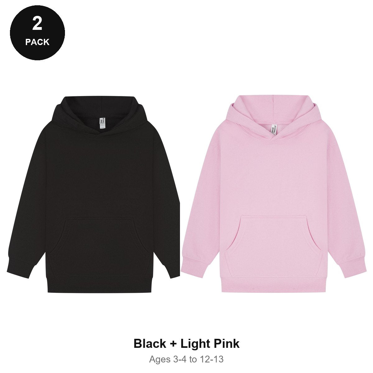 Kids Hoodies 2 Pack - 80% cotton / 20% polyester brushed-back fleece 280gsm, Ages 3-13 - Black + Light Pink