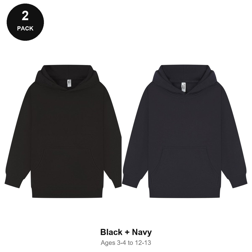 Kids Hoodies 2 Pack - 80% cotton / 20% polyester brushed-back fleece 280gsm, Ages 3-13 - Black + Navy