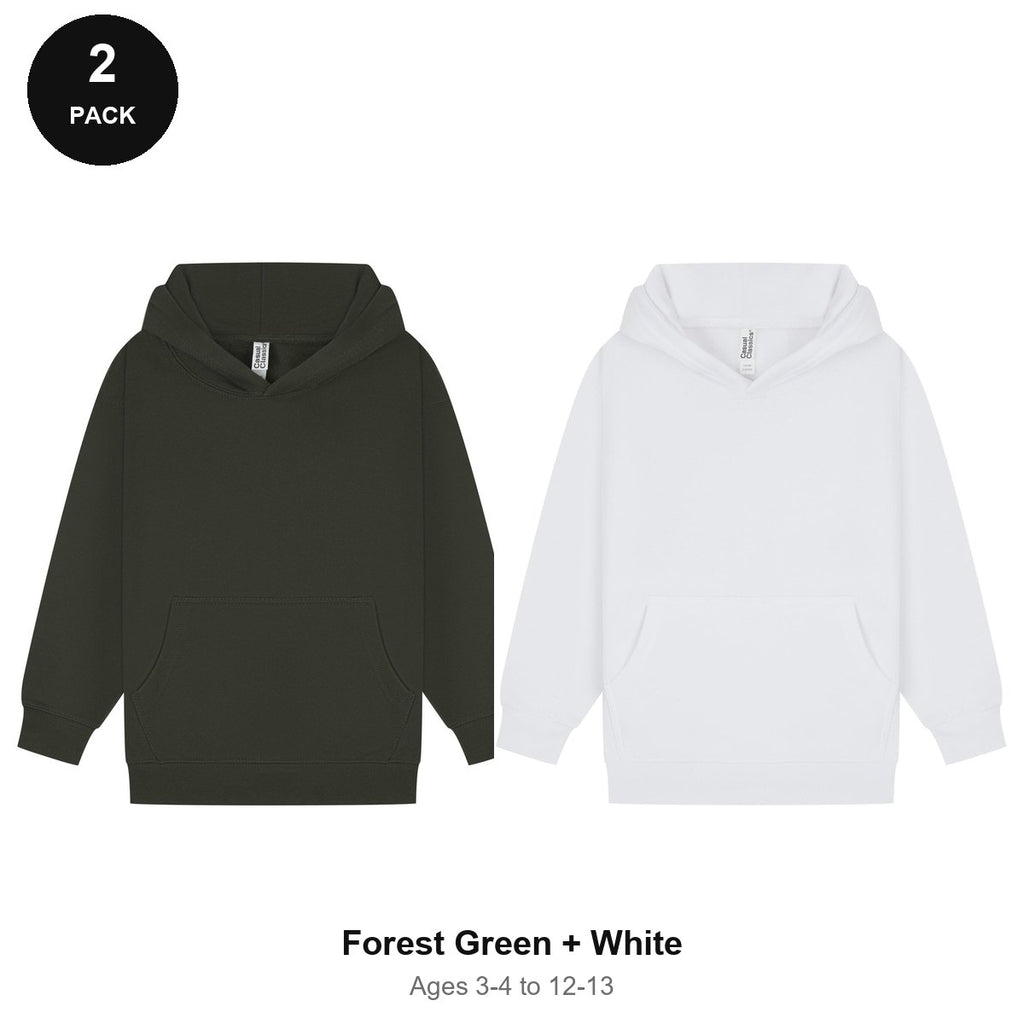 Kids Hoodies 2 Pack - 80% cotton / 20% polyester brushed-back fleece 280gsm, Ages 3-13 - Forest Green + White