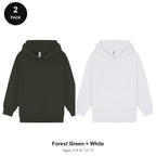 Kids Hoodies 2 Pack - 80% cotton / 20% polyester brushed-back fleece 280gsm, Ages 3-13 - Forest Green + White
