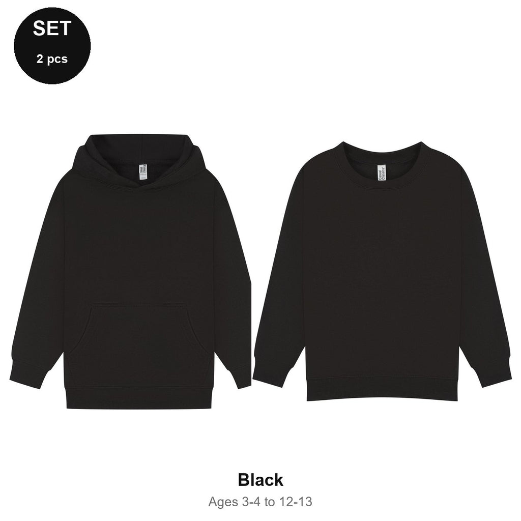 Kids Hoodie + Sweatshirt Set - 80% cotton / 20% polyester brushed-back fleece 280gsm, Ages 3-13 - Black