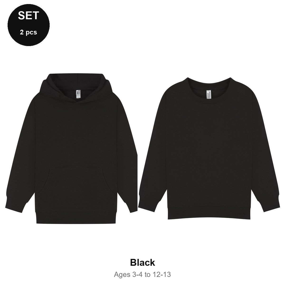 Kids Hoodie + Sweatshirt Set - 80% cotton / 20% polyester brushed-back fleece 280gsm, Ages 3-13 - Black