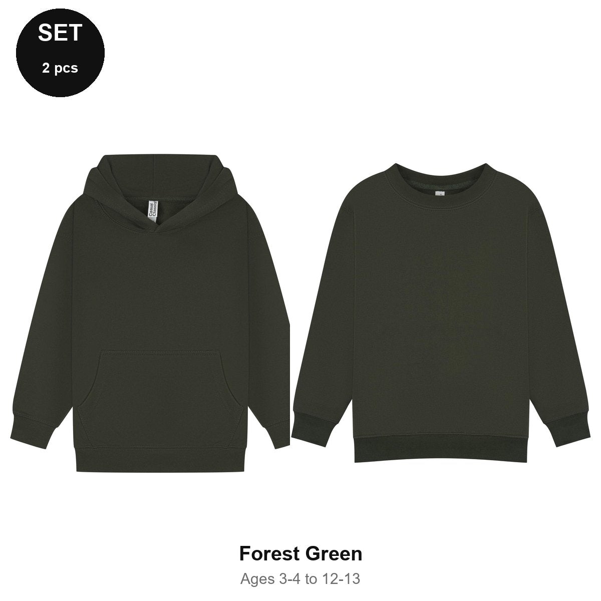 Kids Hoodie + Sweatshirt Set - 80% cotton / 20% polyester brushed-back fleece 280gsm, Ages 3-13 - Forest Green