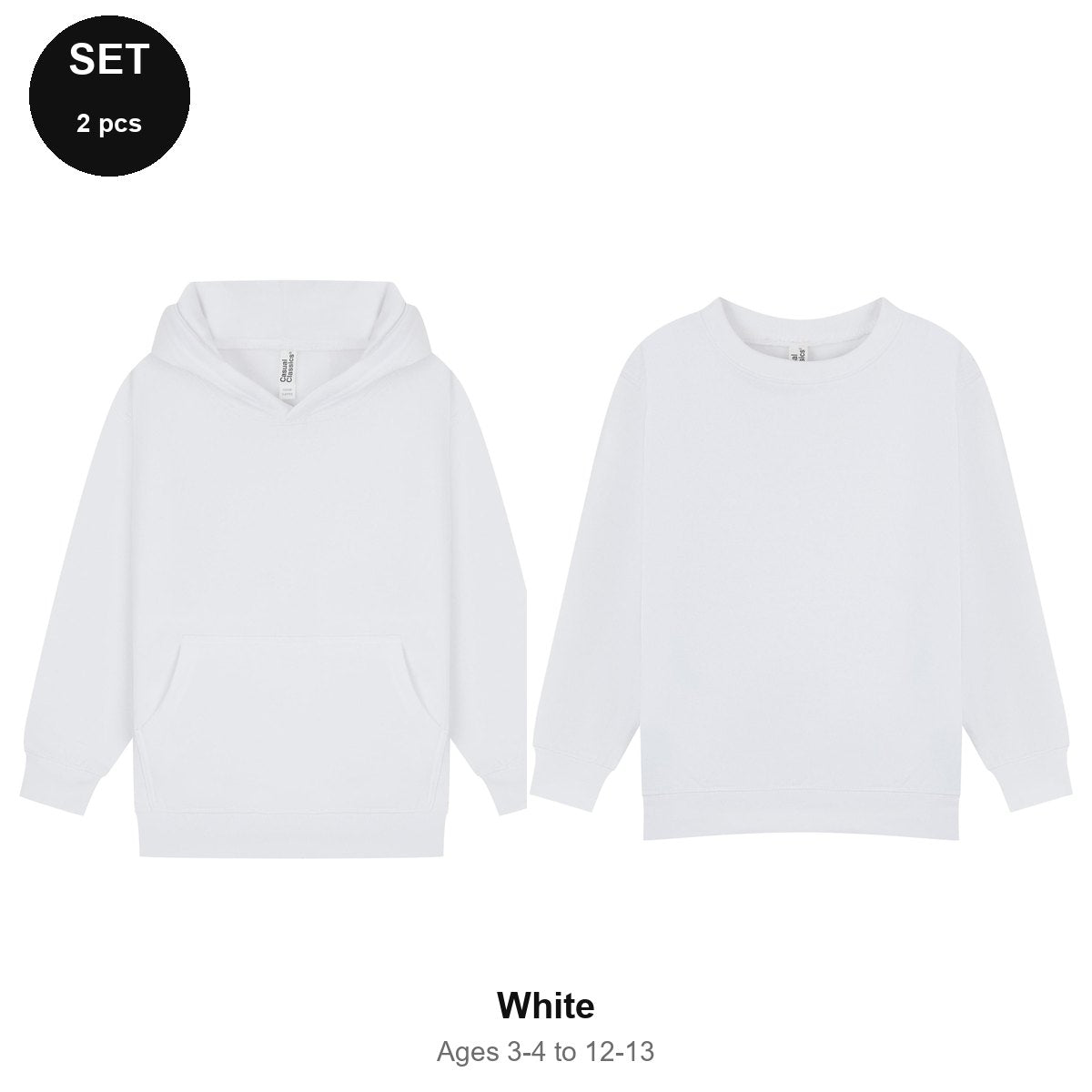 Kids Hoodie + Sweatshirt Set - 80% cotton / 20% polyester brushed-back fleece 280gsm, Ages 3-13 - White