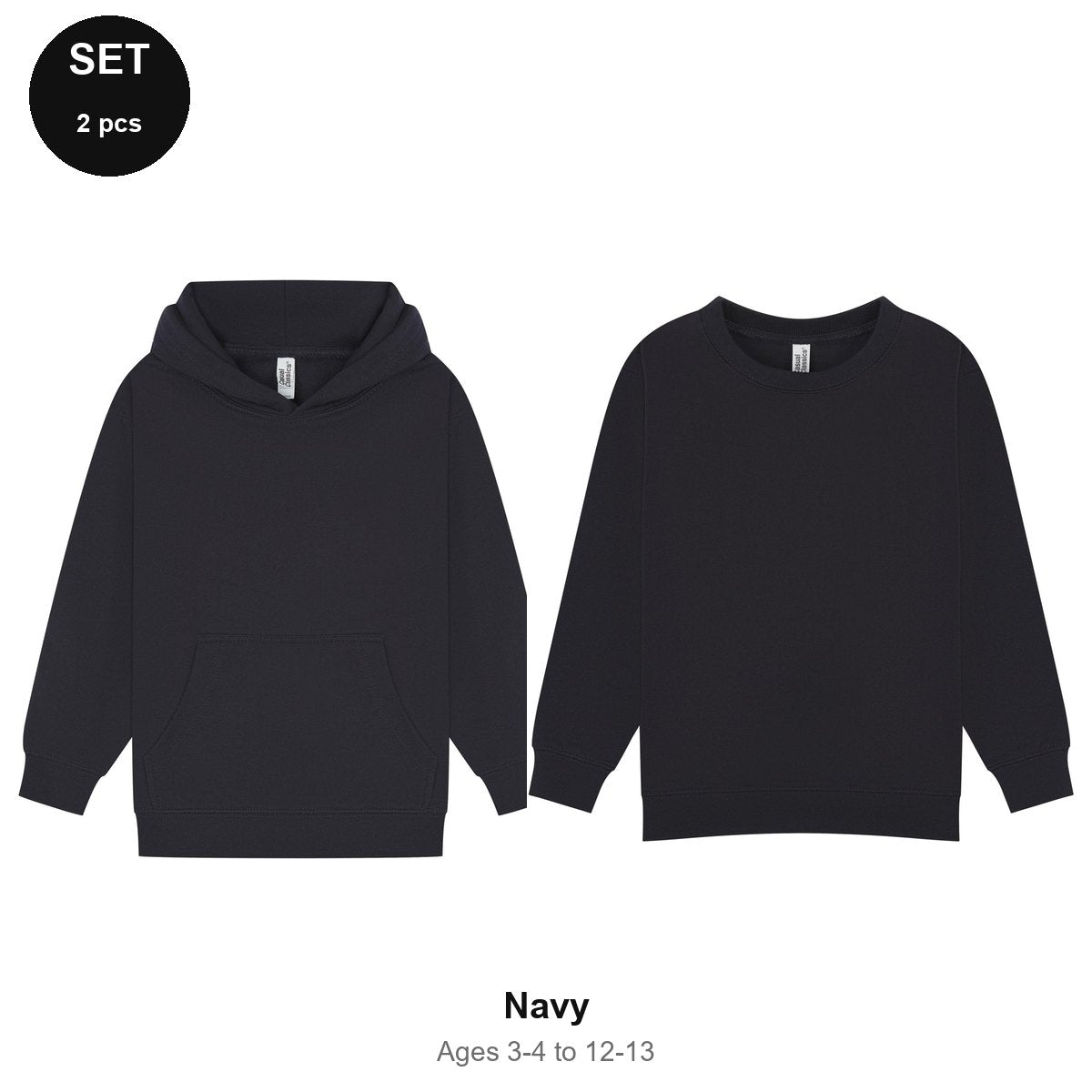 Kids Hoodie + Sweatshirt Set - 80% cotton / 20% polyester brushed-back fleece 280gsm, Ages 3-13 - Navy