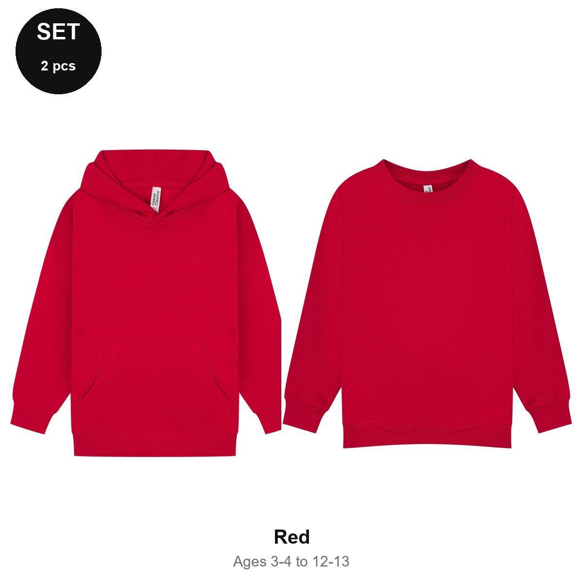 Kids Hoodie + Sweatshirt Set - 80% cotton / 20% polyester brushed-back fleece 280gsm, Ages 3-13 - Red