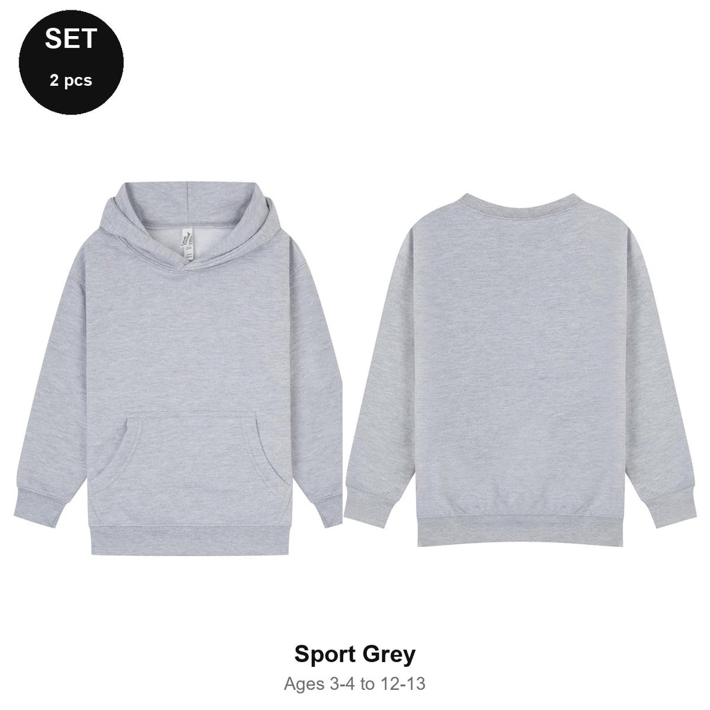 Kids Hoodie + Sweatshirt Set - 80% cotton / 20% polyester brushed-back fleece 280gsm, Ages 3-13 - Sport Grey