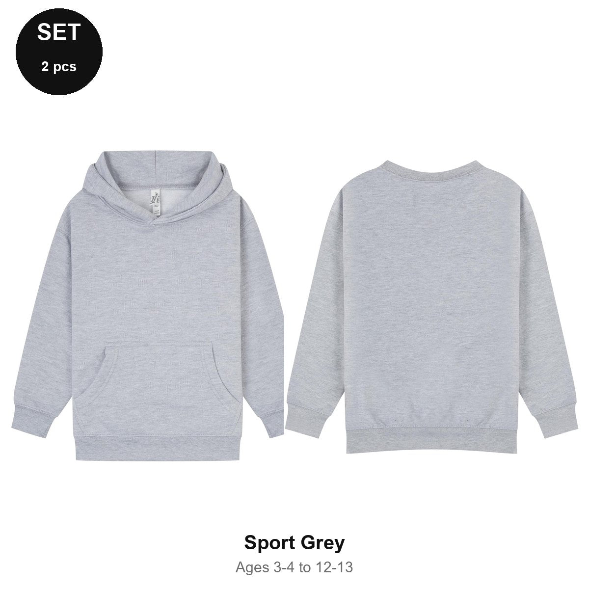 Kids Hoodie + Sweatshirt Set - 80% cotton / 20% polyester brushed-back fleece 280gsm, Ages 3-13 - Sport Grey