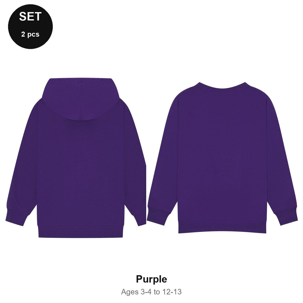 Kids Hoodie + Sweatshirt Set - 80% cotton / 20% polyester brushed-back fleece 280gsm, Ages 3-13 - Purple