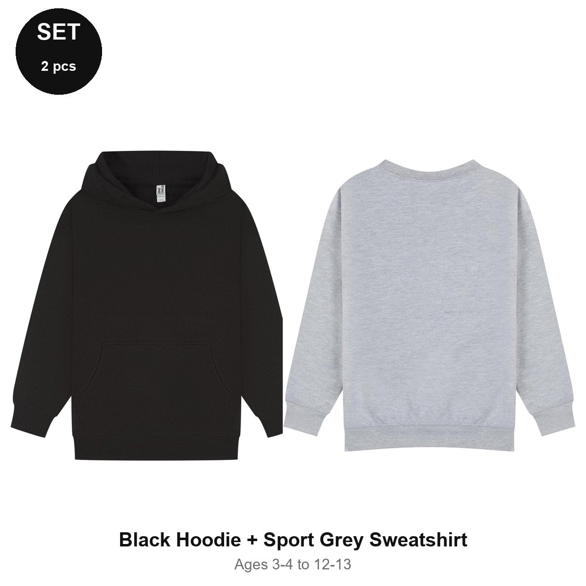 Kids Hoodie + Sweatshirt Set - 80% cotton / 20% polyester brushed-back fleece 280gsm, Ages 3-13 - Black Hoodie + Sport Grey Sweatshirt