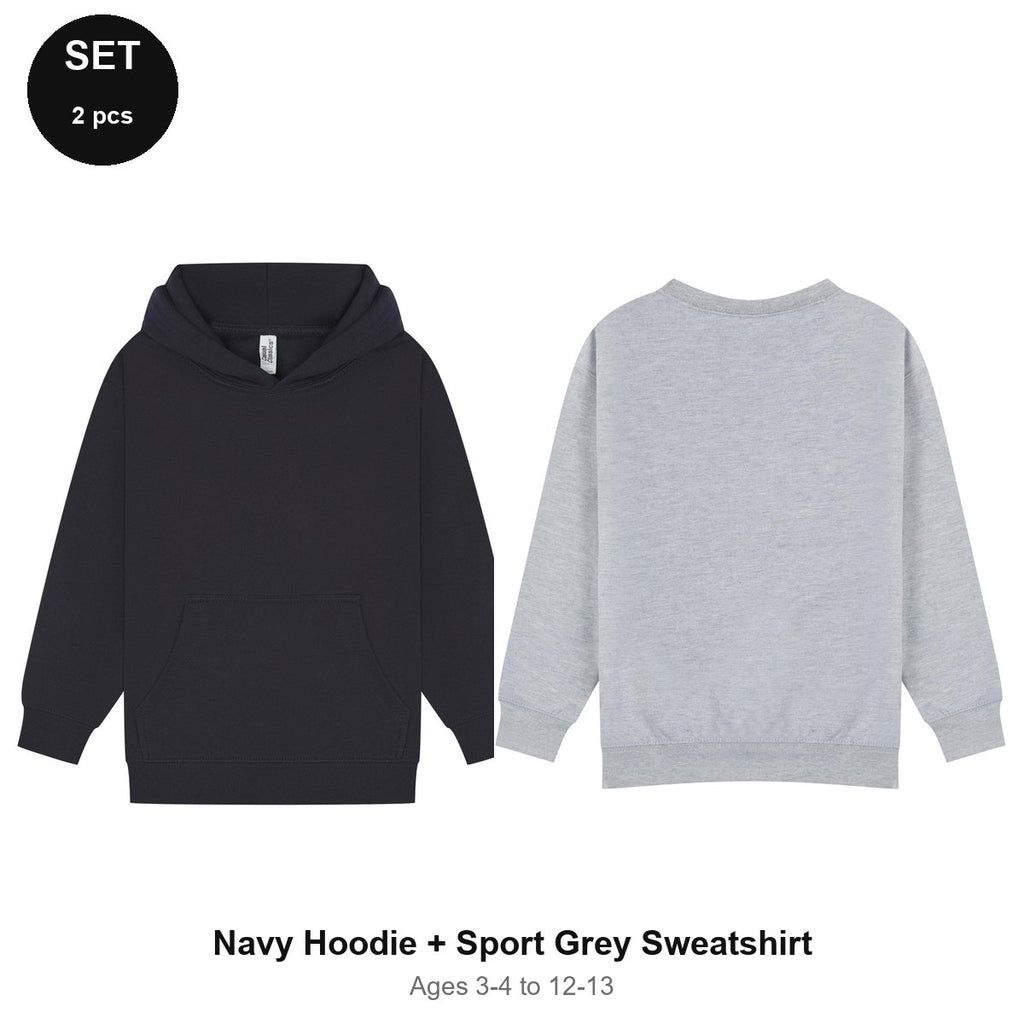 Kids Hoodie + Sweatshirt Set - 80% cotton / 20% polyester brushed-back fleece 280gsm, Ages 3-13 - Navy Hoodie + Sport Grey Sweatshirt