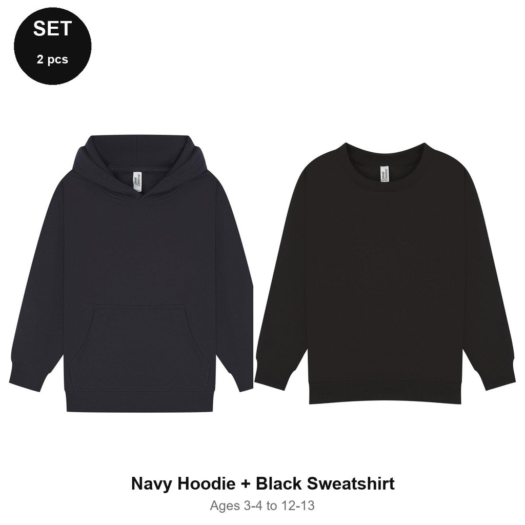 Kids Hoodie + Sweatshirt Set - 80% cotton / 20% polyester brushed-back fleece 280gsm, Ages 3-13 - Navy Hoodie + Black Sweatshirt