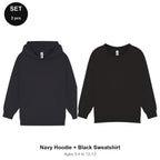 Kids Hoodie + Sweatshirt Set - 80% cotton / 20% polyester brushed-back fleece 280gsm, Ages 3-13 - Navy Hoodie + Black Sweatshirt
