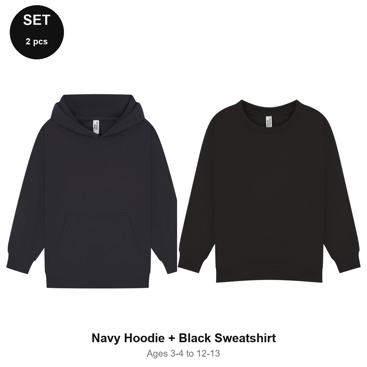 Kids Hoodie + Sweatshirt Set - 80% cotton / 20% polyester brushed-back fleece 280gsm, Ages 3-13 - Navy Hoodie + Black Sweatshirt