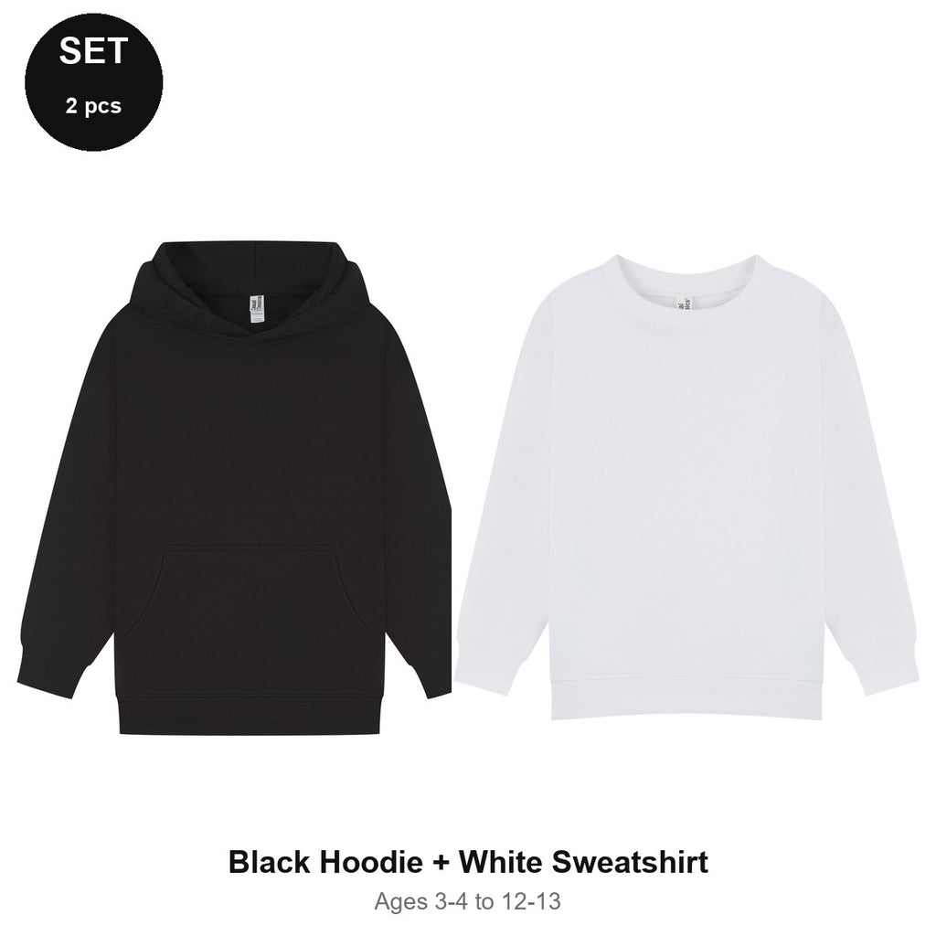 Kids Hoodie + Sweatshirt Set - 80% cotton / 20% polyester brushed-back fleece 280gsm, Ages 3-13 - Black Hoodie + White Sweatshirt
