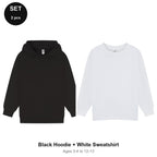 Kids Hoodie + Sweatshirt Set - 80% cotton / 20% polyester brushed-back fleece 280gsm, Ages 3-13 - Black Hoodie + White Sweatshirt