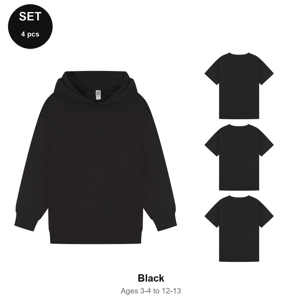 Kids Hoodie + 3 T-Shirts Set - 80% cotton / 20% polyester brushed-back fleece 280gsm, Ages 3-13 - Black