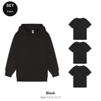 Kids Hoodie + 3 T-Shirts Set - 80% cotton / 20% polyester brushed-back fleece 280gsm, Ages 3-13 - Black