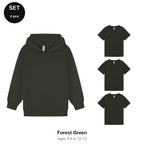 Kids Hoodie + 3 T-Shirts Set - 80% cotton / 20% polyester brushed-back fleece 280gsm, Ages 3-13 - Forest Green