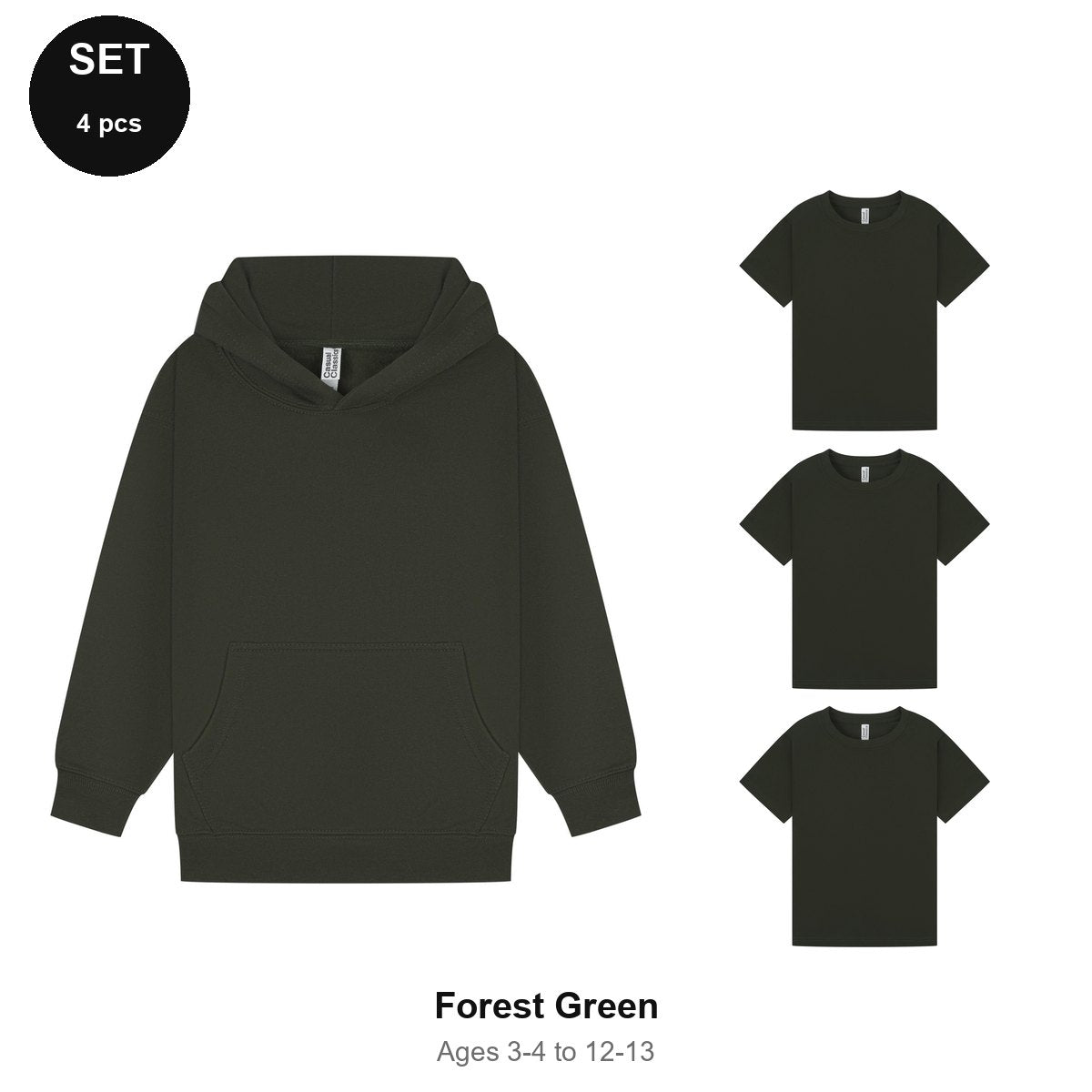 Kids Hoodie + 3 T-Shirts Set - 80% cotton / 20% polyester brushed-back fleece 280gsm, Ages 3-13 - Forest Green