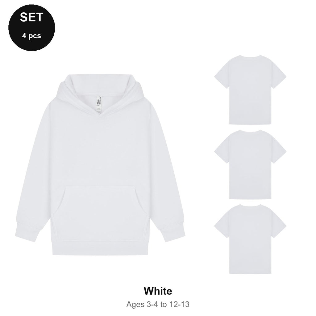 Kids Hoodie + 3 T-Shirts Set - 80% cotton / 20% polyester brushed-back fleece 280gsm, Ages 3-13 - White