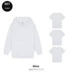 Kids Hoodie + 3 T-Shirts Set - 80% cotton / 20% polyester brushed-back fleece 280gsm, Ages 3-13 - White